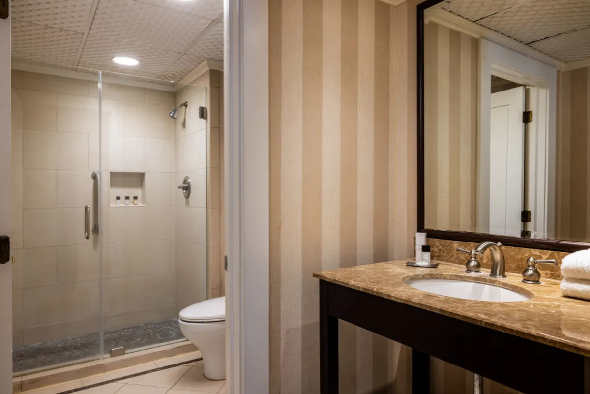 A bright, spa-like bathroom featuring a spacious walk-in shower, a modern vanity with a large, well-lit mirror, and luxe toiletries arranged neatly on the counter. The inviting shower area and calming color palette emphasize comfort and self-care.